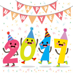 Cute happy number characters celebrating new year party