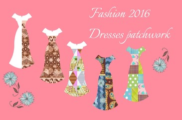 Beautiful card with collection of patchwork female dresses. Fashion design.