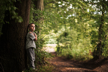 Naklejka na ściany i meble boy standing under a tree 