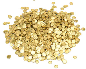 Gold coins with abstract image. With the par value of one, five and ten. 3d image isolated on white