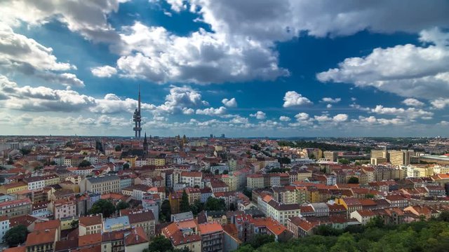 Timelapse view from the top of the Vitkov Memorial on the Prague landscape on a sunny day with the famous Zizkov TV tower on the horizon
