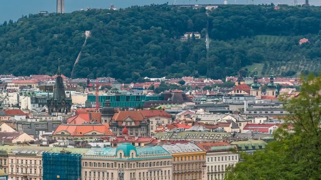 View from the top of the Vitkov Memorial timelapse on the Prague landscape and Vitkov memorials park on a sunny day