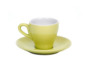 Green coffee cup on saucer separated on white background