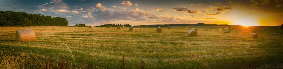 Foto auf Acrylglas Sommer Landschaft im Sommer, Sonnenuntergang, abgeerntete Getreidefeld mit Strohballen, Panorama