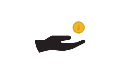 Vector hand and gold coin icon on white background