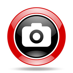photo camera red and black web glossy round icon