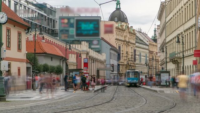 One of the symbol of Prague a tram - street car turning in Old Town Stare Mesto by Prague Namesti Republiky station timelapse. Prague, Czech Republic
