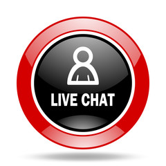live chat red and black web glossy round icon