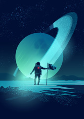 An Astronaut plants a flag on a distant planet set against a gas giant ringed planet. Vector illustration © James Thew