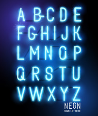 Retro glowing neon blue sign letters. Vector alphabet. - obrazy, fototapety, plakaty