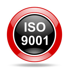 iso 9001 red and black web glossy round icon