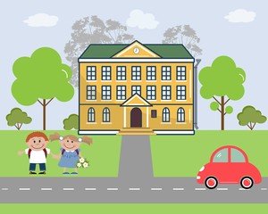 Obraz na płótnie Canvas Children go to school. There are school, trees, the pupils, car in the picture. Flat style vector illustration