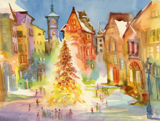 Christmas holiday city center. Watercolor illustration.