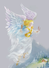 Fototapeta na wymiar Merry Christmas and New Year Greeting Card with Beautiful Angel with Wings, Watercolor Illustration.