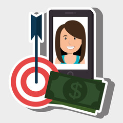 woman smartphone target money bills vector illustration eps 10