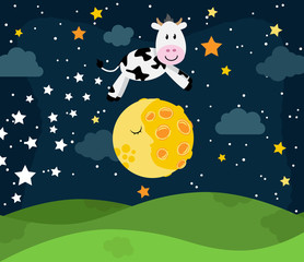 Fototapeta premium Hey Diddle Diddle Nursery Rhyme Landscape with Cow Jumping Over the Moon