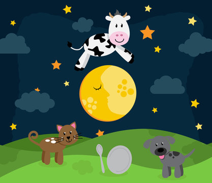 Hey Diddle Diddle Nursery Rhyme Landscape with Cow Jumping Over the Moon