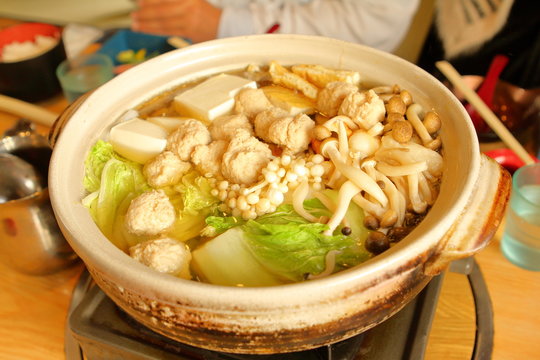 Chanko Nabe, Japanese hot pot soup with pork, tofu, vegetable and mushroom, food for winter and Sumo athlete