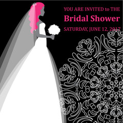 Vector fashion illustration of a young bride holding flowers. Bridal Shower. Wedding invitation