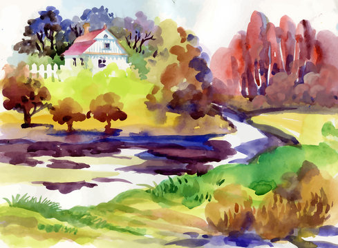 Watercolor summer rural landscape with trees at countryside.