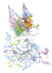 Beautiful angel with wings watercolor illustration.