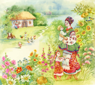 Watercolor countryside landscape with little boy feeding farm animals over Woman in folk costume with children