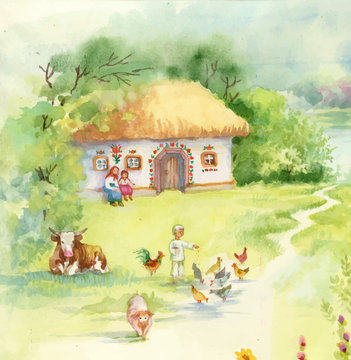 Watercolor countryside landscape with little boy feeding farm animals.