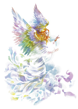 Beautiful Angel With Wings Watercolor Illustration.