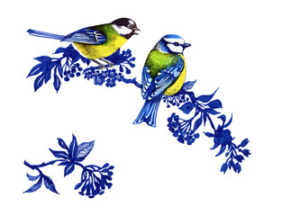 Bright birds on branches with flowers ink hand drawn illustration.
