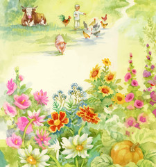 Obraz na płótnie Canvas Watercolor countryside landscape with little boy feeding farm animals.
