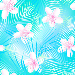 Fototapeta na wymiar Tropical frangipani hibiscus with blue palms seamless pattern