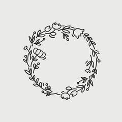 Vector wreath made with branches, leaves and flowers in trendy linear style - abstract frame.