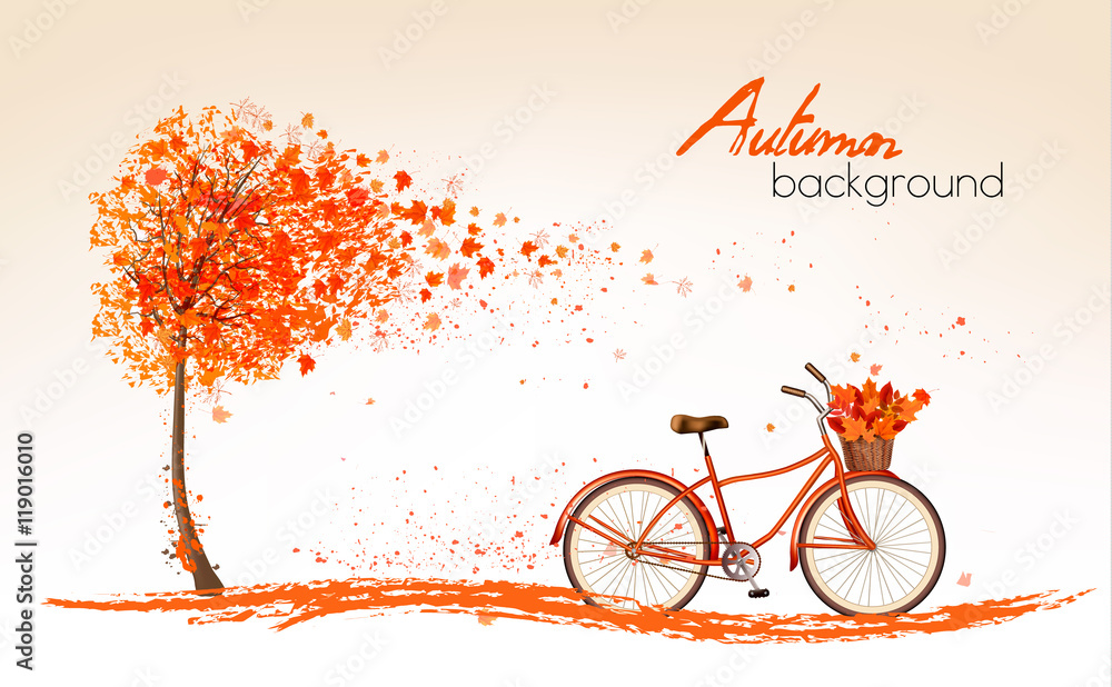 Poster Autumn background with a tree and a bicycle. Vector.