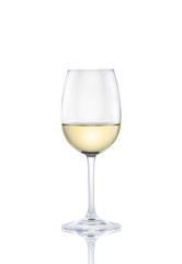 a glass of white wine on a white background.