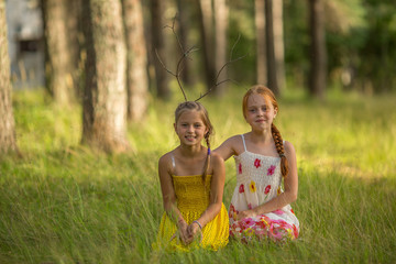 Two funny little girls pose for a photo in the park.