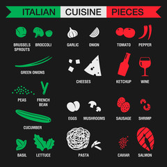 Illustration of Italian cuisine pieces. Foods and ingredients separated by the national flag colors. Black background.