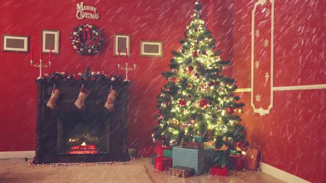 Room decorated for Christmas with falling snow