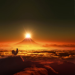 Fototapeta na wymiar 富士山の日の出とニワトリ