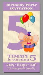 Happy birthday lovely vector card with funny elephant 5 years old
