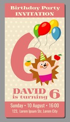 Happy birthday lovely vector card with funny hedgehog 6 years old