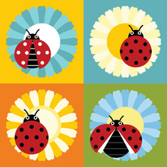 Ladybugs in flower flat style on color background