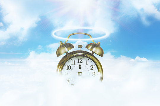 Clock with Angelic Symbol in the Sky, Time is God Concept