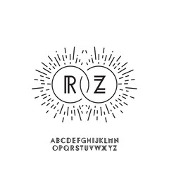Monogram for two letters. Connected rings with rays. Vector illustration EPS 10 isolated on white background