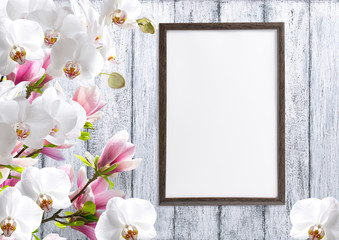 Magnolia flowers with orchidea and motivational frame