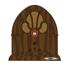 Old cartoon vintage retro wooden radio.
