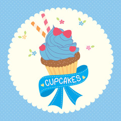 Cupcake fantasy design decoration with ribbon for bakery cafe shop.Illustration vector in blue background colors.