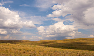 Upland bunchgrass prairie with blue sky and clouds - obrazy, fototapety, plakaty