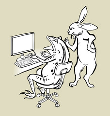 Obraz premium パソコンと蛙-兎のアドバイス