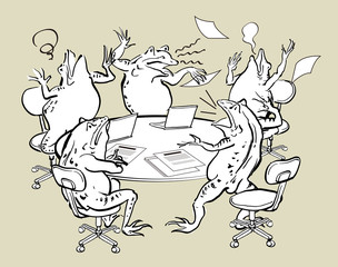 Naklejka premium パソコンと蛙-混乱する会議