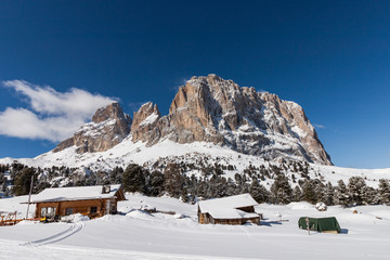 Fototapeta na wymiar The Sassolungo (Langkofel) Group of the Italian Dolomites in Winter